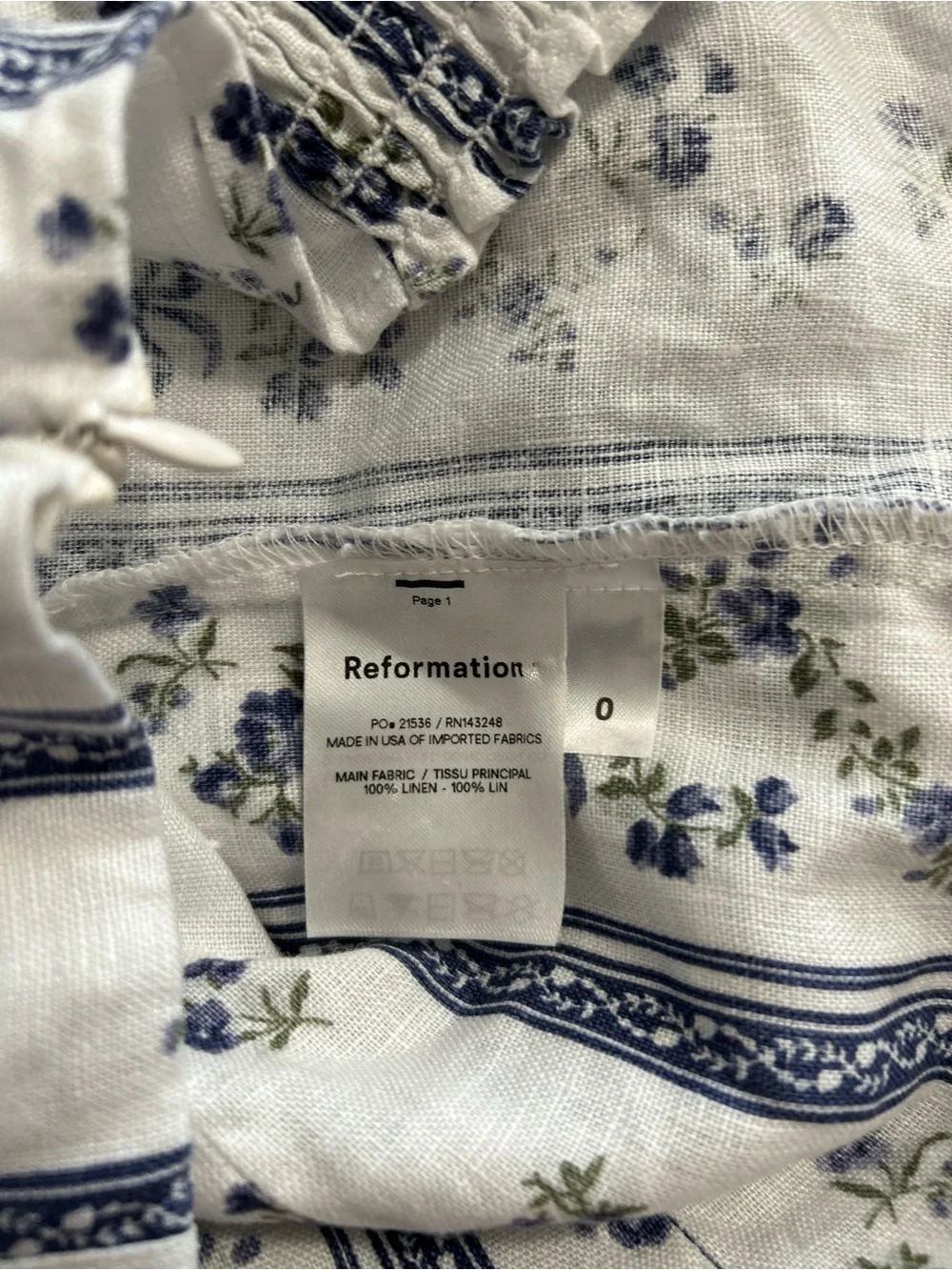 Reformation Floral Linen Crop Top Women’s Size 0 White Blue Sustainable